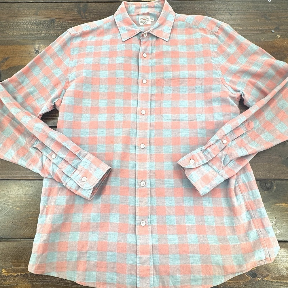 Faherty Stretch Summer Blend Men's Med Long Sleeve Linen Shirt Pink Blue Plaid - Picture 3 of 11